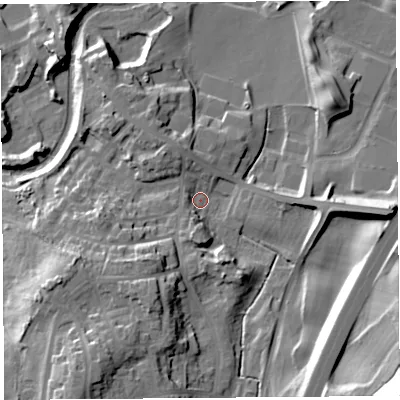 Shaded relief map of the ground around LA59AQ, computed from Environment Agency LiDAR. The ground here sits at about 26 m above sea level and falls 39 m across the surrounding 800 m. Surface water reaching this point runs off ground lying to the south-south-west, 18.7 m higher.