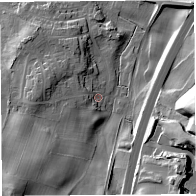 Shaded relief map of the ground around LA59AS, computed from Environment Agency LiDAR. The ground here sits at about 33 m above sea level and falls 45 m across the surrounding 800 m. Surface water reaching this point runs off ground lying to the west-north-west, 11.8 m higher.