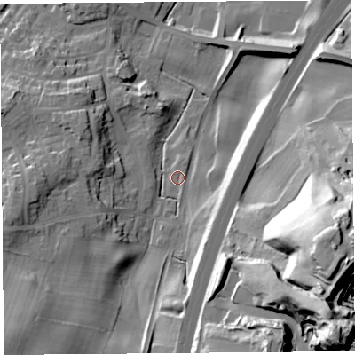 Shaded relief map of the ground around LA59BH, computed from Environment Agency LiDAR. The ground here sits at about 30 m above sea level and falls 62 m across the surrounding 800 m. Surface water reaching this point runs off ground lying to the south, 12.4 m higher.