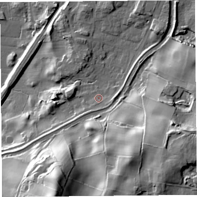 Shaded relief map of the ground around LA59EF, computed from Environment Agency LiDAR. The ground here sits at about 19 m above sea level and falls 58 m across the surrounding 800 m. Surface water reaching this point runs off ground lying to the east, 4.7 m higher.