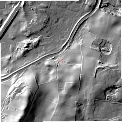 Shaded relief map of the ground around LA59EL, computed from Environment Agency LiDAR. The ground here sits at about 28 m above sea level and falls 61 m across the surrounding 800 m. Surface water reaching this point runs off ground lying to the south-south-east, 24.1 m higher.