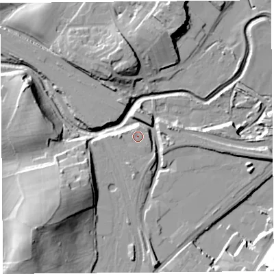 Shaded relief map of the ground around LA59EU, computed from Environment Agency LiDAR. The ground here sits at about 11 m above sea level and falls 29 m across the surrounding 800 m. Surface water reaching this point runs off ground lying to the east-north-east, 1.2 m higher.