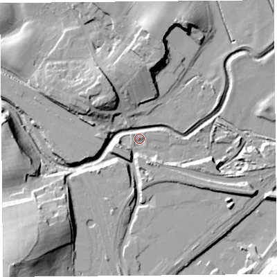 Shaded relief map of the ground around LA59EY, computed from Environment Agency LiDAR. The ground here sits at about 7 m above sea level and falls 28 m across the surrounding 800 m. Surface water reaching this point runs off ground lying to the north-north-west, 14.8 m higher.