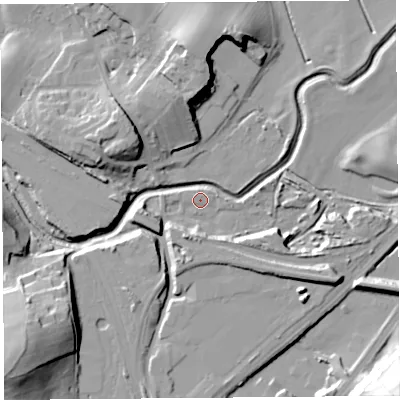 Shaded relief map of the ground around LA59EZ, computed from Environment Agency LiDAR. The ground here sits at about 7 m above sea level and falls 31 m across the surrounding 800 m. Surface water reaching this point runs off ground lying to the north-north-east, 0.7 m higher.