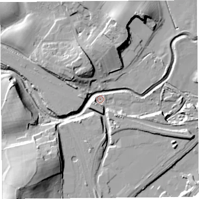Shaded relief map of the ground around LA59FA, computed from Environment Agency LiDAR. The ground here sits at about 6 m above sea level and falls 28 m across the surrounding 800 m. Surface water reaching this point runs off ground lying to the north-north-west, 14.8 m higher.