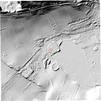 Shaded relief map of the ground around LA59FH, computed from Environment Agency LiDAR. The ground here sits at about 7 m above sea level and falls 75 m across the surrounding 800 m. Surface water reaching this point runs off ground lying to the north-north-west, 73.0 m higher.