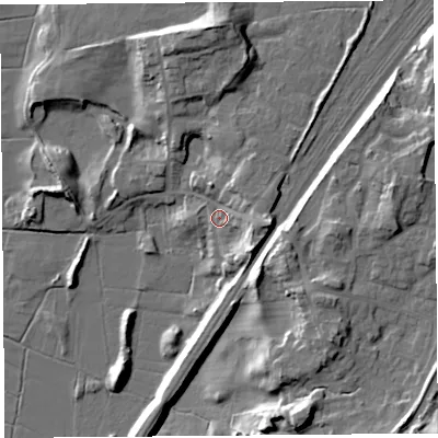 Shaded relief map of the ground around LA59GX, computed from Environment Agency LiDAR. The ground here sits at about 10 m above sea level and falls 22 m across the surrounding 800 m. Surface water reaching this point runs off ground lying to the east, 8.9 m higher.