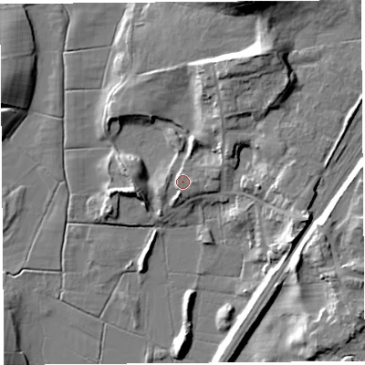 Shaded relief map of the ground around LA59GY, computed from Environment Agency LiDAR. The ground here sits at about 8 m above sea level and falls 21 m across the surrounding 800 m. Surface water reaching this point runs off ground lying to the north-north-west, 2.2 m higher.