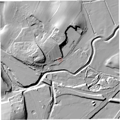 Shaded relief map of the ground around LA59HD, computed from Environment Agency LiDAR. The ground here sits at about 8 m above sea level and falls 27 m across the surrounding 800 m. Surface water reaching this point runs off ground lying to the north, 15.2 m higher.