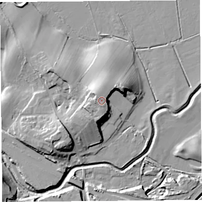Shaded relief map of the ground around LA59HG, computed from Environment Agency LiDAR. The ground here sits at about 23 m above sea level and falls 20 m across the surrounding 800 m. Surface water reaching this point runs off ground lying to the north-west, 1.4 m higher.