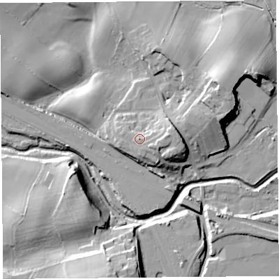 Shaded relief map of the ground around LA59HR, computed from Environment Agency LiDAR. The ground here sits at about 17 m above sea level and falls 24 m across the surrounding 800 m. Surface water reaching this point runs off ground lying to the east, 3.0 m higher.
