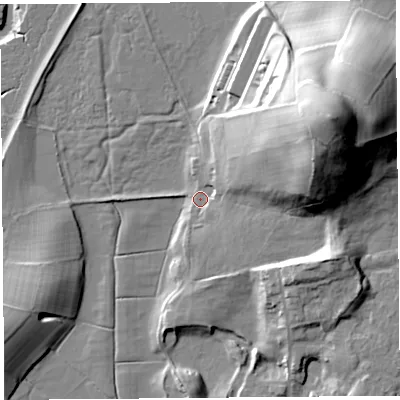 Shaded relief map of the ground around LA59JA, computed from Environment Agency LiDAR. The ground here sits at about 7 m above sea level and falls 47 m across the surrounding 800 m. Surface water reaching this point runs off ground lying to the east-north-east, 42.2 m higher.