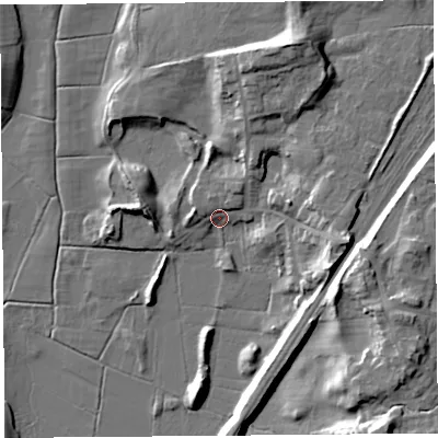 Shaded relief map of the ground around LA59JB, computed from Environment Agency LiDAR. The ground here sits at about 7 m above sea level and falls 19 m across the surrounding 800 m. Surface water reaching this point runs off ground lying to the north-north-west, 4.3 m higher.