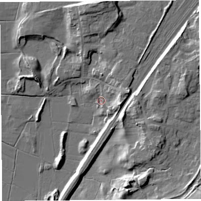 Shaded relief map of the ground around LA59JJ, computed from Environment Agency LiDAR. The ground here sits at about 8 m above sea level and falls 23 m across the surrounding 800 m. Surface water reaching this point runs off ground lying to the east, 11.7 m higher.