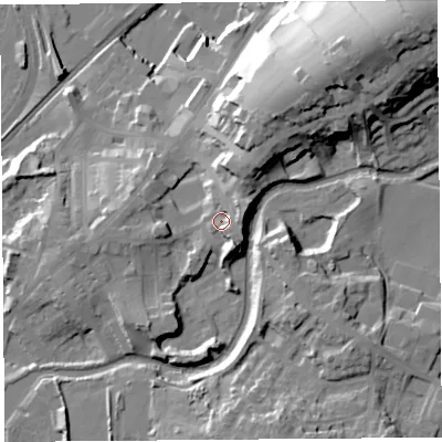 Shaded relief map of the ground around LA59LJ, computed from Environment Agency LiDAR. The ground here sits at about 24 m above sea level and falls 38 m across the surrounding 800 m. Surface water reaching this point runs off ground lying to the south-south-east, 6.7 m higher.