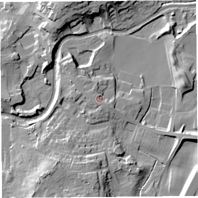 Shaded relief map of the ground around LA59LR, computed from Environment Agency LiDAR. The ground here sits at about 30 m above sea level and falls 26 m across the surrounding 800 m. Surface water reaching this point runs off ground lying to the north, 3.5 m higher.