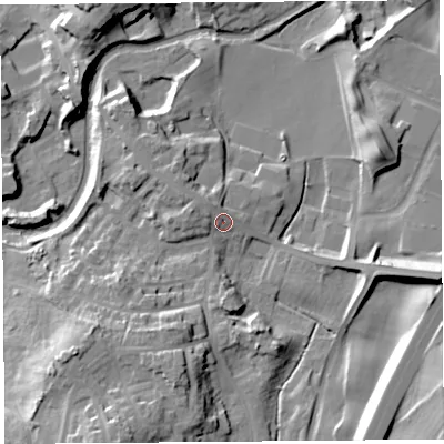 Shaded relief map of the ground around LA59LS, computed from Environment Agency LiDAR. The ground here sits at about 29 m above sea level and falls 25 m across the surrounding 800 m. Surface water reaching this point runs off ground lying to the west-north-west, 2.9 m higher.