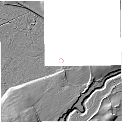 Shaded relief map of the ground around LA59NH, computed from Environment Agency LiDAR. and falls 15 m across the surrounding 800 m. Surface water reaching this point runs off ground lying to the south-south-east, 1.7 m higher.