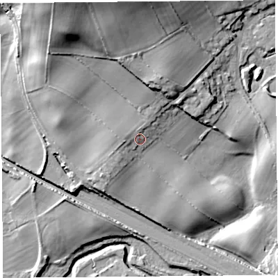 Shaded relief map of the ground around LA59NJ, computed from Environment Agency LiDAR. The ground here sits at about 15 m above sea level and falls 33 m across the surrounding 800 m. Surface water reaching this point runs off ground lying to the west, 2.3 m higher.