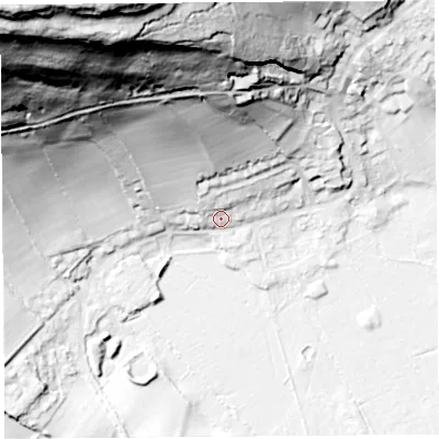 Shaded relief map of the ground around LA59NS, computed from Environment Agency LiDAR. The ground here sits at about 10 m above sea level and falls 124 m across the surrounding 800 m. Surface water reaching this point runs off ground lying to the north-north-west, 6.4 m higher.
