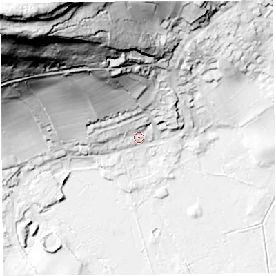 Shaded relief map of the ground around LA59NT, computed from Environment Agency LiDAR. The ground here sits at about 9 m above sea level and falls 113 m across the surrounding 800 m. Surface water reaching this point runs off ground lying to the north-north-west, 66.8 m higher.