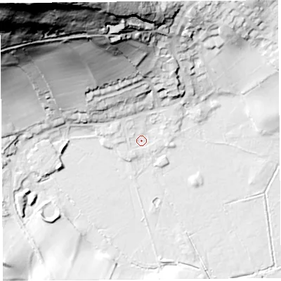 Shaded relief map of the ground around LA59NY, computed from Environment Agency LiDAR. The ground here sits at about 6 m above sea level and falls 96 m across the surrounding 800 m. Surface water reaching this point runs off ground lying to the north-north-west, 81.7 m higher.