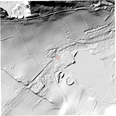 Shaded relief map of the ground around LA59PE, computed from Environment Agency LiDAR. The ground here sits at about 7 m above sea level and falls 87 m across the surrounding 800 m. Surface water reaching this point runs off ground lying to the north-north-west, 84.3 m higher.