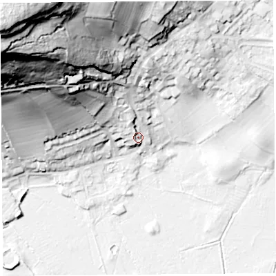 Shaded relief map of the ground around LA59PG, computed from Environment Agency LiDAR. The ground here sits at about 12 m above sea level and falls 100 m across the surrounding 800 m. Surface water reaching this point runs off ground lying to the north-north-west, 8.8 m higher.