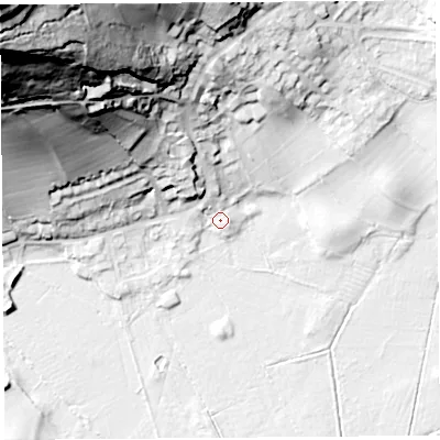 Shaded relief map of the ground around LA59PQ, computed from Environment Agency LiDAR. The ground here sits at about 7 m above sea level and falls 94 m across the surrounding 800 m. Surface water reaching this point runs off ground lying to the north-north-west, 5.5 m higher.