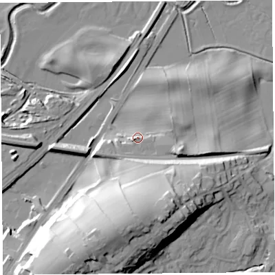 Shaded relief map of the ground around LA59RE, computed from Environment Agency LiDAR. The ground here sits at about 14 m above sea level and falls 41 m across the surrounding 800 m. Surface water reaching this point runs off ground lying to the south, 32.2 m higher.