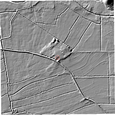 Shaded relief map of the ground around LA59RP, computed from Environment Agency LiDAR. The ground here sits at about 24 m above sea level and falls 8 m across the surrounding 800 m. Surface water reaching this point runs off ground lying to the north-north-east, 1.4 m higher.