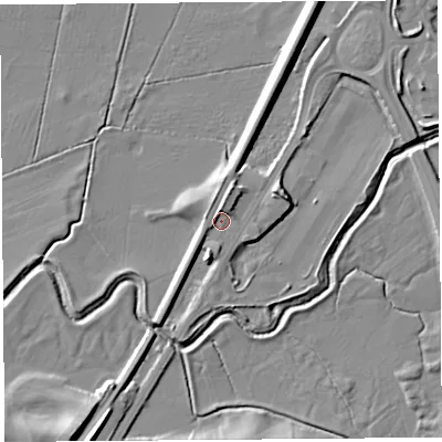 Shaded relief map of the ground around LA59RQ, computed from Environment Agency LiDAR. The ground here sits at about 8 m above sea level and falls 9 m across the surrounding 800 m. Surface water reaching this point runs off ground lying to the north, 2.7 m higher.