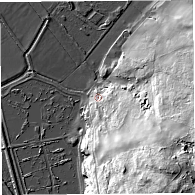 Shaded relief map of the ground around LA59SA, computed from Environment Agency LiDAR. The ground here sits at about 11 m above sea level and falls 76 m across the surrounding 800 m. Surface water reaching this point runs off ground lying to the south-east, 65.4 m higher.