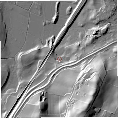 Shaded relief map of the ground around LA59TN, computed from Environment Agency LiDAR. The ground here sits at about 10 m above sea level and falls 62 m across the surrounding 800 m. Surface water reaching this point runs off ground lying to the east-north-east, 15.5 m higher.