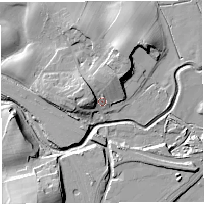 Shaded relief map of the ground around LA59UX, computed from Environment Agency LiDAR. The ground here sits at about 11 m above sea level and falls 27 m across the surrounding 800 m. Surface water reaching this point runs off ground lying to the north-west, 9.3 m higher.