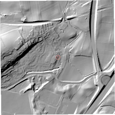 Shaded relief map of the ground around LA59XH, computed from Environment Agency LiDAR. The ground here sits at about 19 m above sea level and falls 38 m across the surrounding 800 m. Surface water reaching this point runs off ground lying to the west, 29.0 m higher.