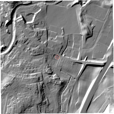 Shaded relief map of the ground around LA59XJ, computed from Environment Agency LiDAR. The ground here sits at about 26 m above sea level and falls 45 m across the surrounding 800 m. Surface water reaching this point runs off ground lying to the south-west, 18.7 m higher.