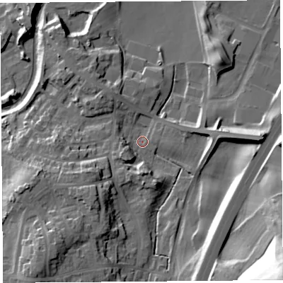 Shaded relief map of the ground around LA59XL, computed from Environment Agency LiDAR. The ground here sits at about 25 m above sea level and falls 54 m across the surrounding 800 m. Surface water reaching this point runs off ground lying to the south-west, 18.7 m higher.