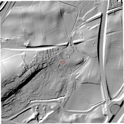 Shaded relief map of the ground around LA59XT, computed from Environment Agency LiDAR. The ground here sits at about 18 m above sea level and falls 40 m across the surrounding 800 m. Surface water reaching this point runs off ground lying to the west, 6.7 m higher.