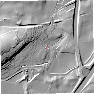 Shaded relief map of the ground around LA59XW, computed from Environment Agency LiDAR. The ground here sits at about 17 m above sea level and falls 38 m across the surrounding 800 m. Surface water reaching this point runs off ground lying to the west, 28.9 m higher.