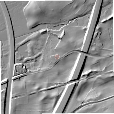 Shaded relief map of the ground around LA61AA, computed from Environment Agency LiDAR. The ground here sits at about 12 m above sea level and falls 23 m across the surrounding 800 m. Surface water reaching this point runs off ground lying to the east, 1.0 m higher.