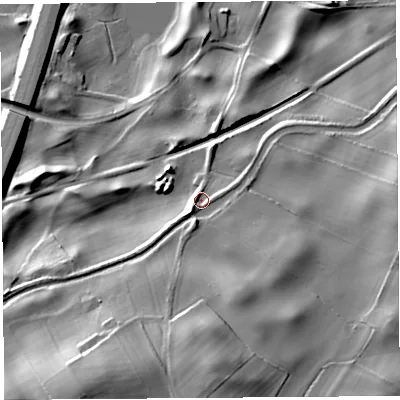 Shaded relief map of the ground around LA61AB, computed from Environment Agency LiDAR. The ground here sits at about 20 m above sea level and falls 30 m across the surrounding 800 m. Surface water reaching this point runs off ground lying to the south-east, 7.3 m higher.