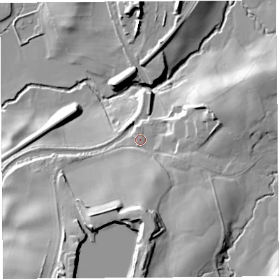 Shaded relief map of the ground around LA61AD, computed from Environment Agency LiDAR. The ground here sits at about 25 m above sea level and falls 36 m across the surrounding 800 m. Surface water reaching this point runs off ground lying to the south, 20.7 m higher.