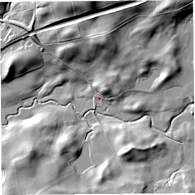 Shaded relief map of the ground around LA61AH, computed from Environment Agency LiDAR. The ground here sits at about 21 m above sea level and falls 36 m across the surrounding 800 m. Surface water reaching this point runs off ground lying to the north-east, 10.4 m higher.