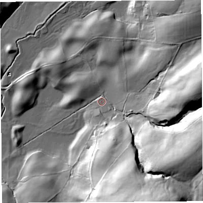 Shaded relief map of the ground around LA61AN, computed from Environment Agency LiDAR. The ground here sits at about 34 m above sea level and falls 62 m across the surrounding 800 m. Surface water reaching this point runs off ground lying to the south-south-east, 55.4 m higher.