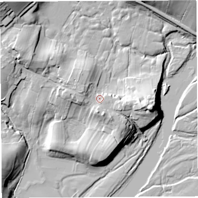 Shaded relief map of the ground around LA61AX, computed from Environment Agency LiDAR. The ground here sits at about 38 m above sea level and falls 28 m across the surrounding 800 m. Surface water reaching this point runs off ground lying to the west-north-west, 5.1 m higher.