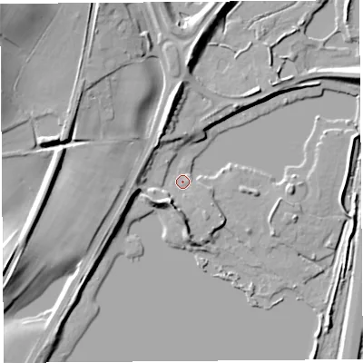 Shaded relief map of the ground around LA61BH, computed from Environment Agency LiDAR. The ground here sits at about 9 m above sea level and falls 24 m across the surrounding 800 m. Surface water reaching this point runs off ground lying to the north-west, 21.8 m higher.