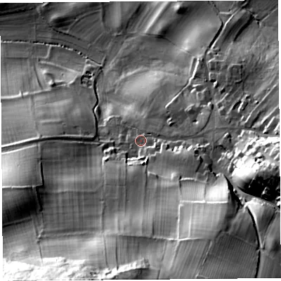 Shaded relief map of the ground around LA61BS, computed from Environment Agency LiDAR. The ground here sits at about 57 m above sea level and falls 75 m across the surrounding 800 m. Surface water reaching this point runs off ground lying to the south-south-east, 37.0 m higher.