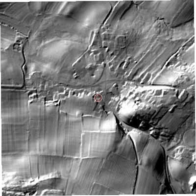 Shaded relief map of the ground around LA61BT, computed from Environment Agency LiDAR. The ground here sits at about 62 m above sea level and falls 81 m across the surrounding 800 m. Surface water reaching this point runs off ground lying to the south, 37.2 m higher.