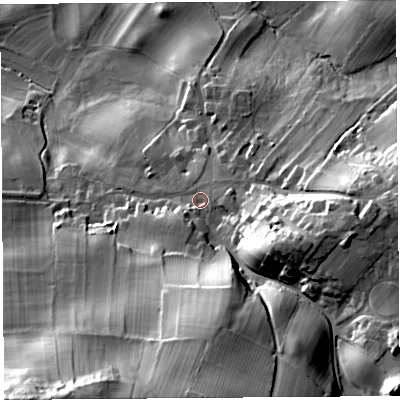 Shaded relief map of the ground around LA61BU, computed from Environment Agency LiDAR. The ground here sits at about 60 m above sea level and falls 75 m across the surrounding 800 m. Surface water reaching this point runs off ground lying to the south, 33.7 m higher.